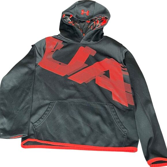 Under Armour Kids Large Hoodie ColdGear Youth Fleece Sweatshirt Black Red - Picture 2 of 10